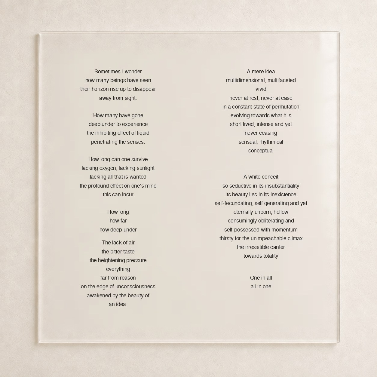 A square clear acrylic plaque flush on a warm white wall, carrying the opening of the text in two centered columns, from “Sometimes I wonder” to “all in one.”