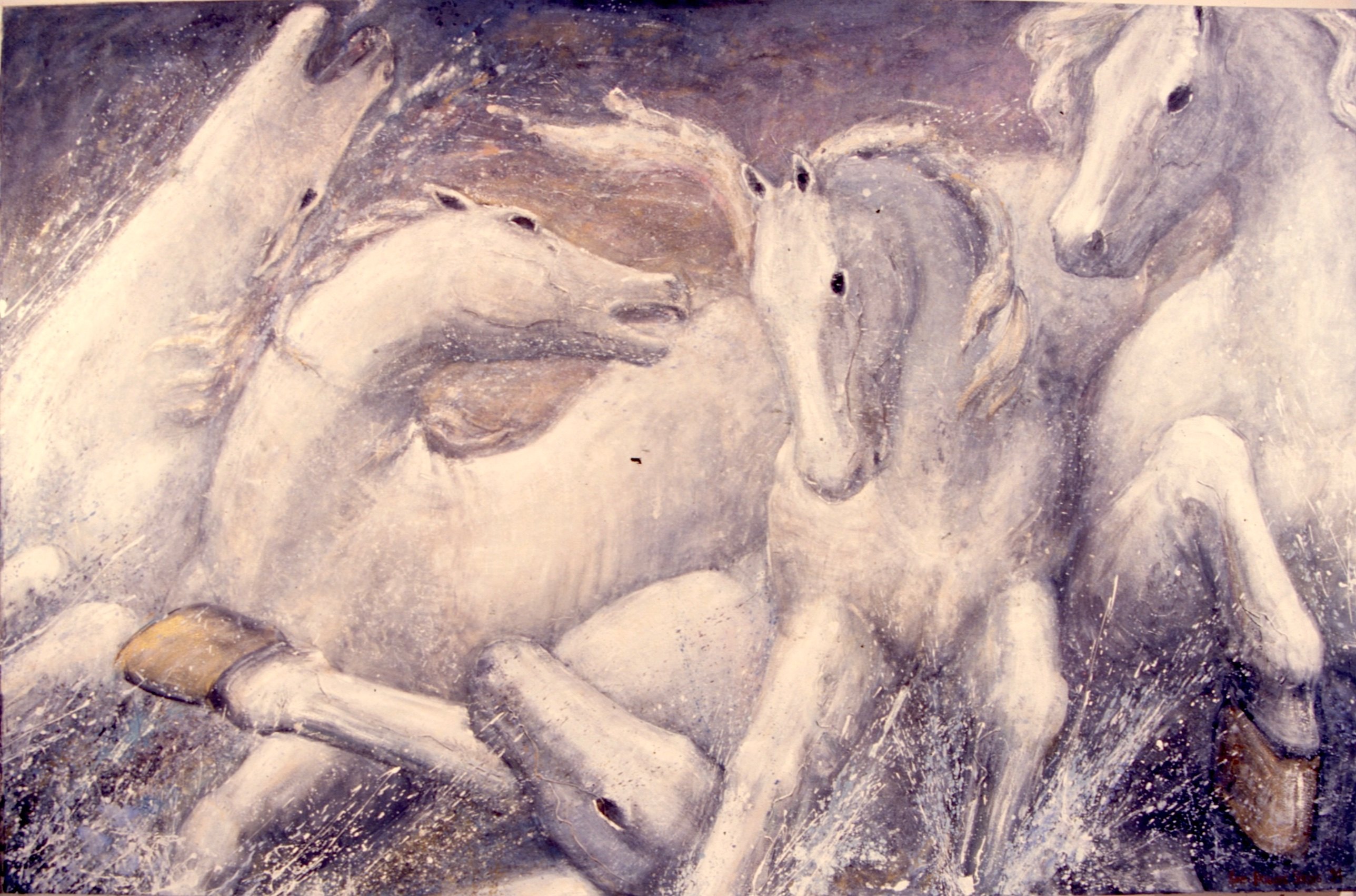 A large painting of white horses surging through splashing water, in pale whites, greys and violets.